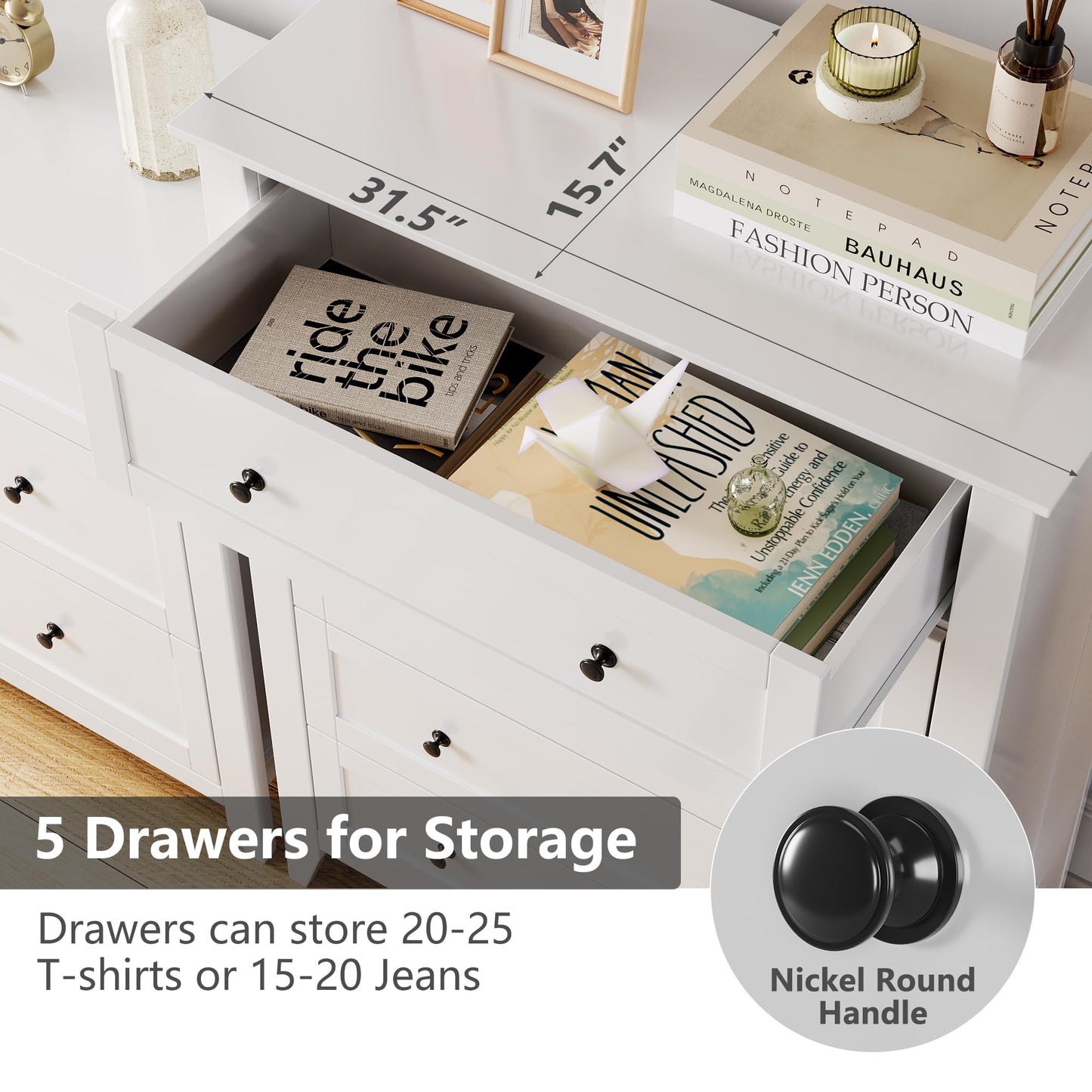 GarveeHome White Drawer Dresser for Bedroom, 5 Chest of Drawers, Modern Wood Tall Dresser Cabinet, Organizer Drawers for Closet, Living Room, Hallway, Entryway
