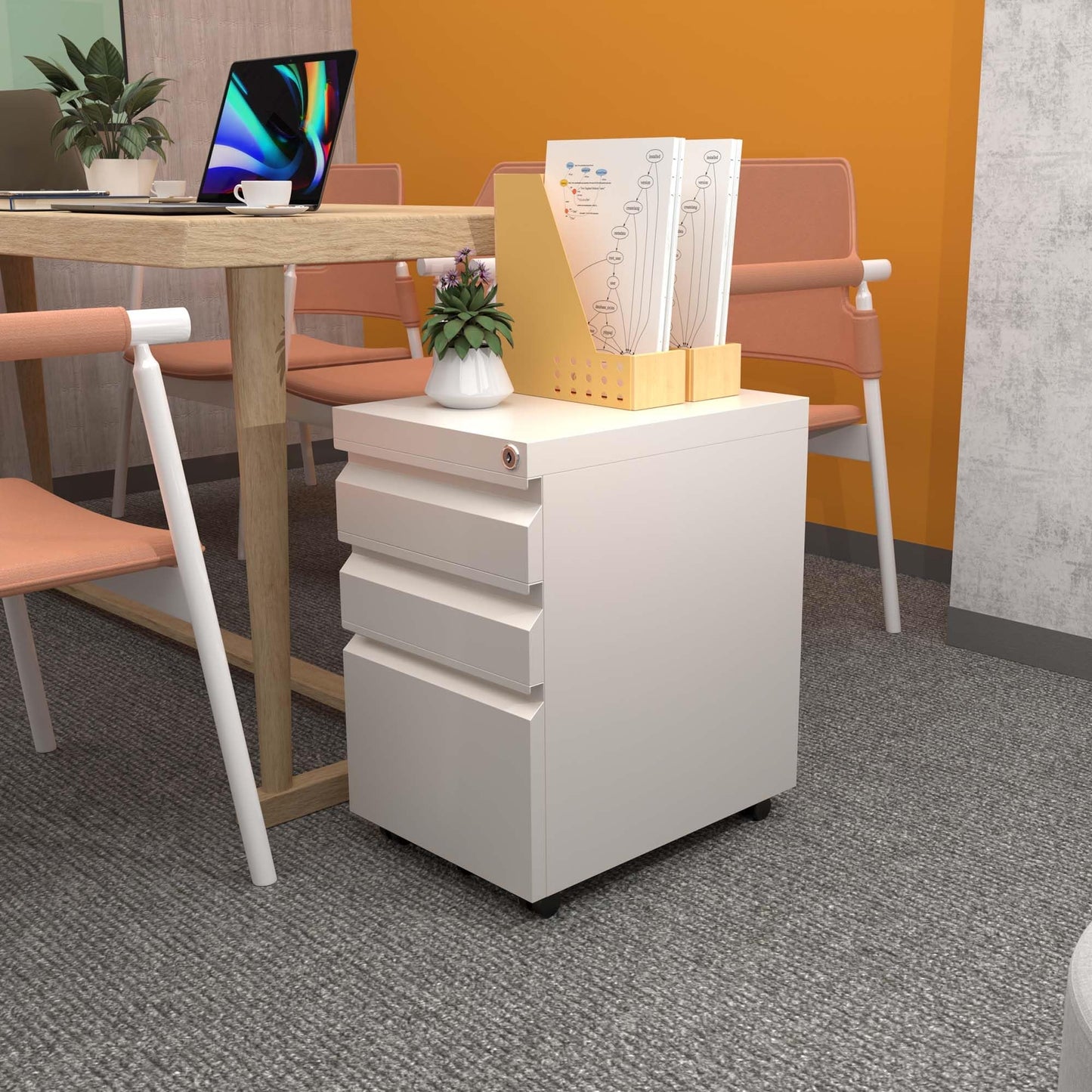 Reemoon 3 Drawer Metal Rolling File Cabinet with Lock, Under Desk Mobile Filing Storage Cabinet for Home Office School, Required Assembly, White