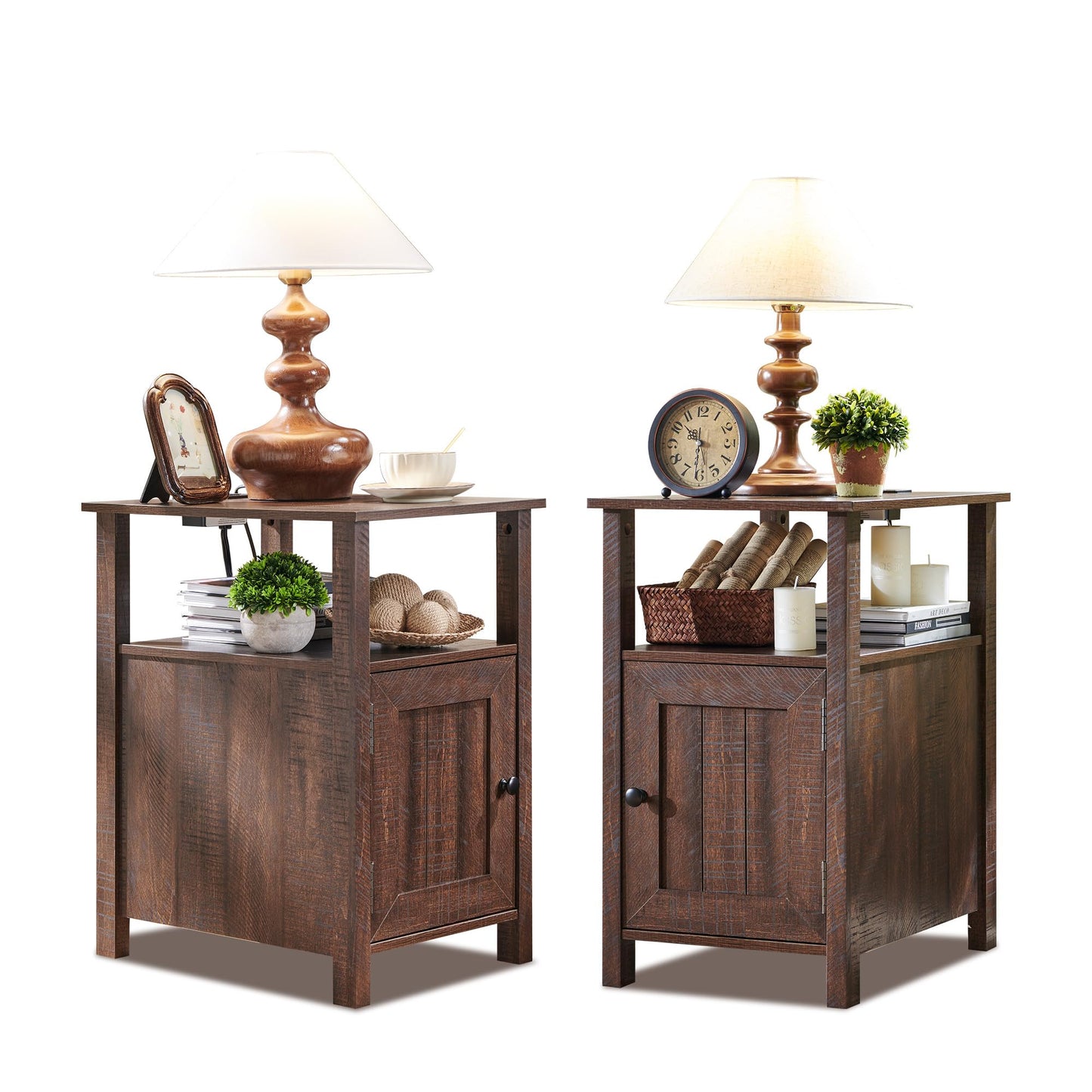 IFBUY Farmhouse Nightstands Set of 2, Narrow Bedside Table with Charging Station, Night Stand Set 2 with Storage & Open Shelf, End Tables w/Groove Barn Door for Bedroom, Living Room, Brown