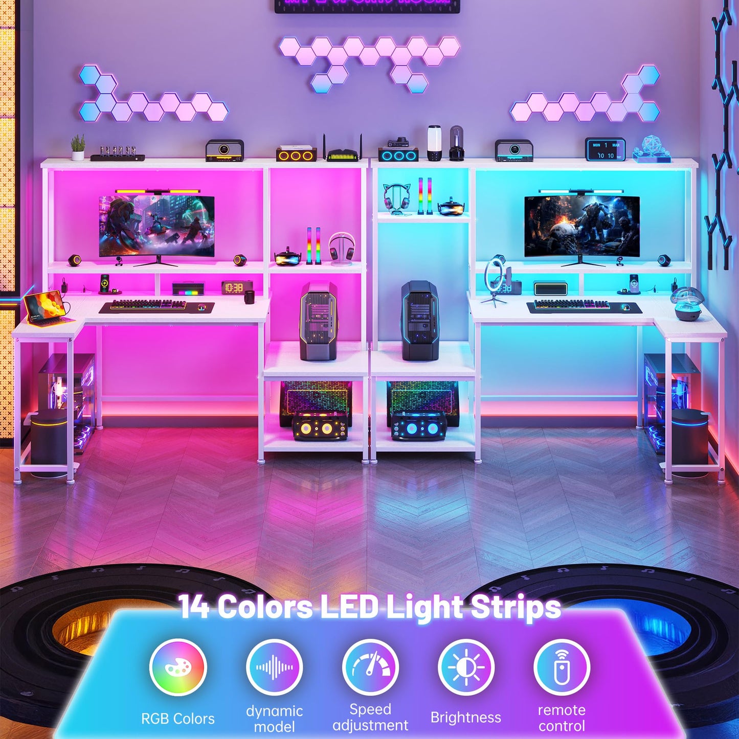 L Shaped Gaming Desk with LED Lights & Outlets,55" Computer Desk with Shelves & Storage Hutch,Reversible Corner Gaming Table with Printer Space & Monitor Stand for Game Room,Home Office,White