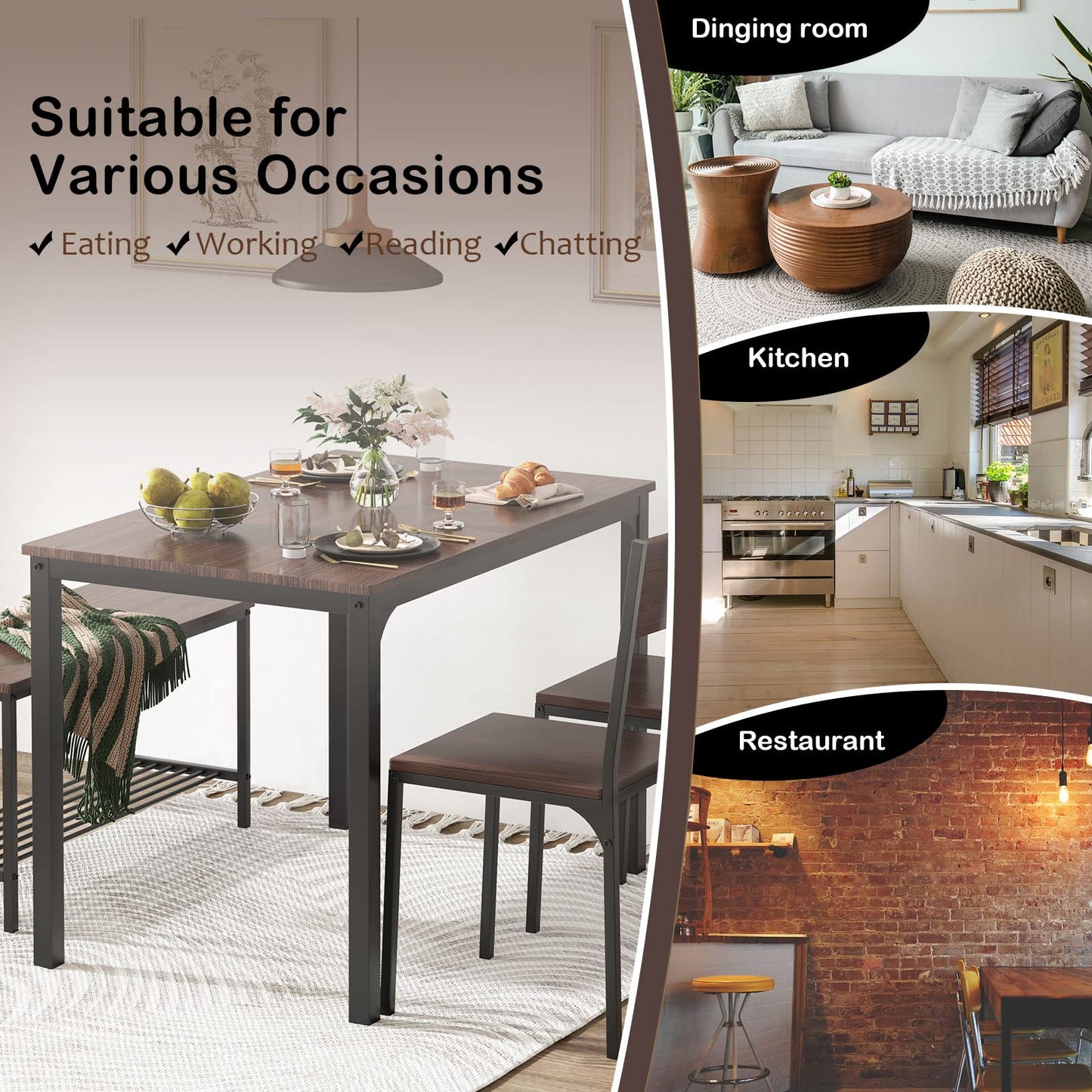 soges Dining Table Set for 4, 43.3 inch Kitchen Table Set with Chairs and Bench, 4 Piece Dining Room Table Set for Small Space, Apartment, Restaurant, Rustic Oak