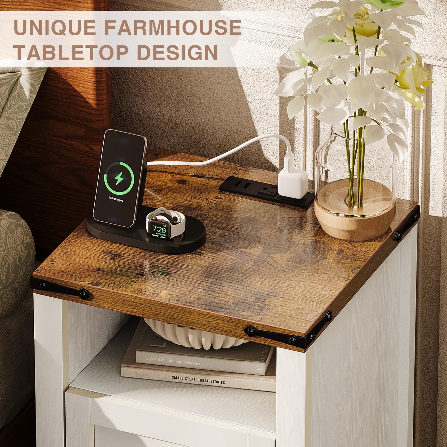 oneinmil End Table with Charging Station, Farmhouse Nightstand with Barn Door, Sofa Side Table with Storage Space 2-Piece Set, Suitable for Livingroom and Bedroom,White