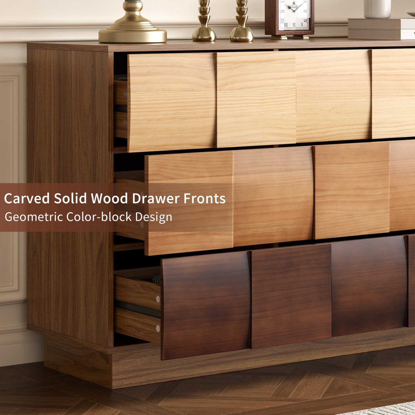 Lamohome Solid Wood Fronts 9 Drawer Dresser, 65" Wide Modern Chest with Gradient Block Design for Bedroom & Living Room