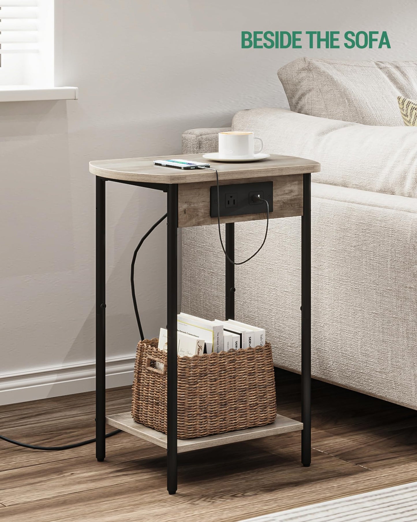 Hzuaneri End Tables with Charging Station, Narrow Side Tables Living Room, Nightstands Set of 2, Storage Bed Side Tables with USB Port & Outlet, Greige and Black ET14205B