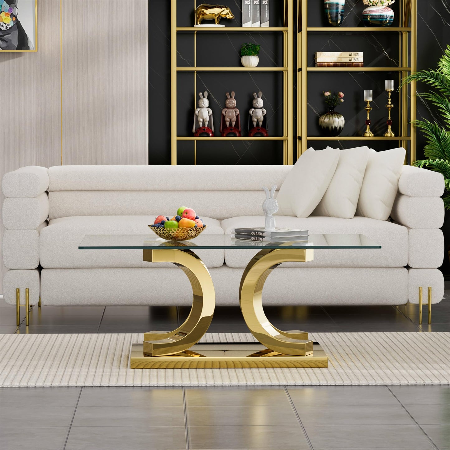 SSLine Modern 1 Piece Living Room Coffee Table Luxury Tempered Glass Coffee Table with C-Shaped Stainless Steel Base for Living Room Bedroom Office (1 Coffee Table)