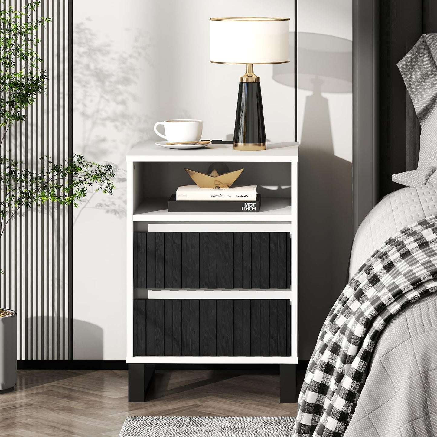 Lamtor Night Stand Set 2, Fluted Nightstand with Charging Station, Side Table with 2 Storage Drawers Cabinet, Wood Nightstand for Bedroom, Living Room, Black and White