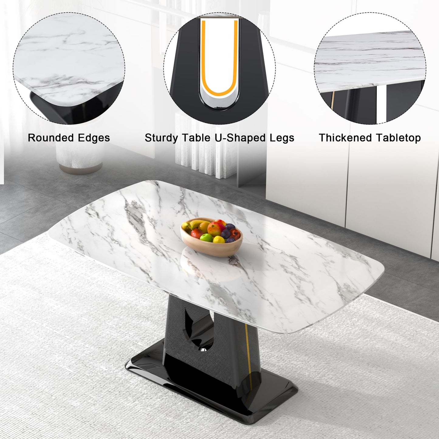 Modern Dining Room Table Set for 6,Marble Dining Table Set with Marble Tabletop,Kitchen Table Set with 4 Linen Tufted Chairs 1 Bench,63'' Kitchen Table Chairs Set for 6,6 Piece Dining Room Table Set