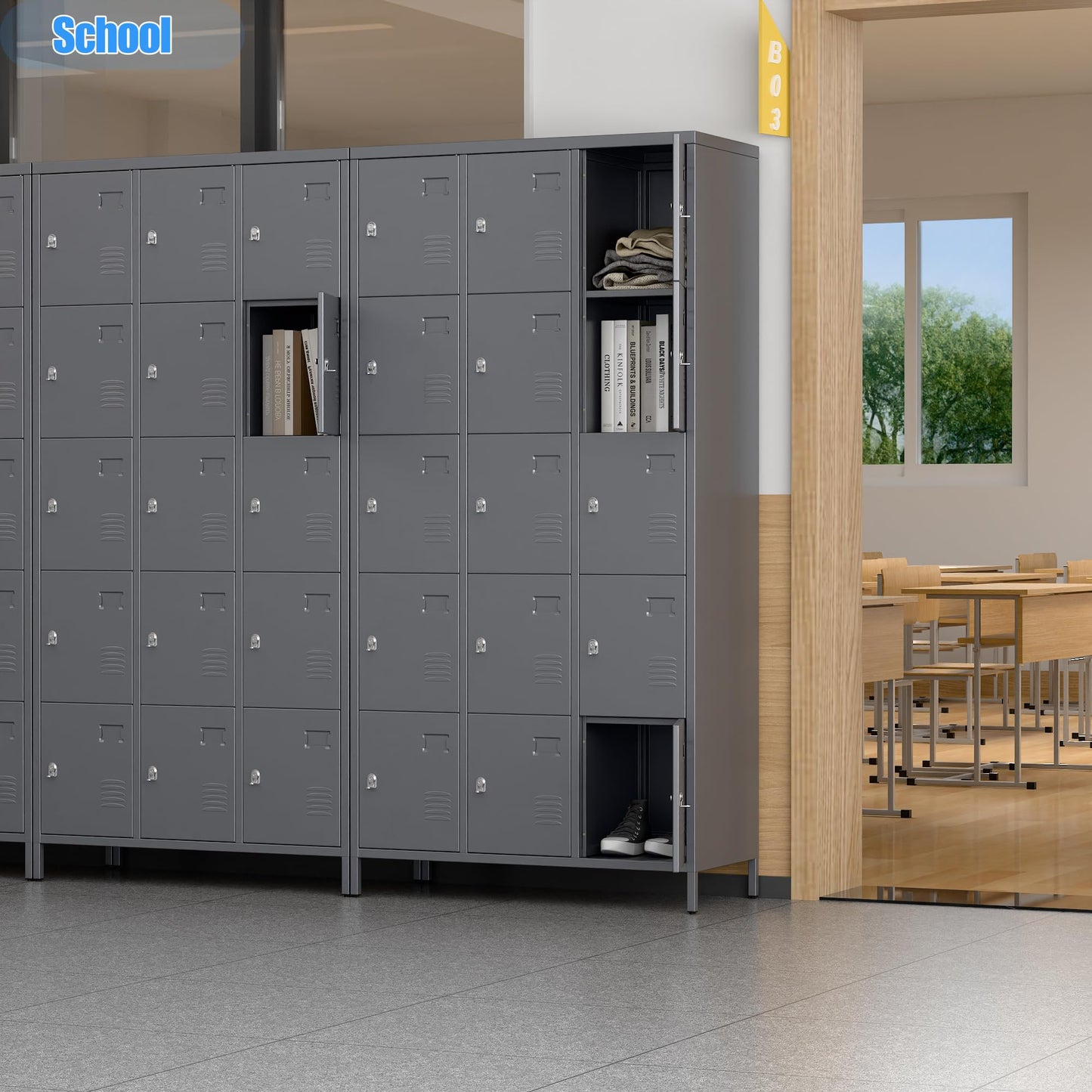 SUPEER 15 Doors Metal Lockers for Employees with Lock,Metal Locker with Card Holder for School Garage Office Gym Bedroom,Assembly Required,15 Door Dark Grey
