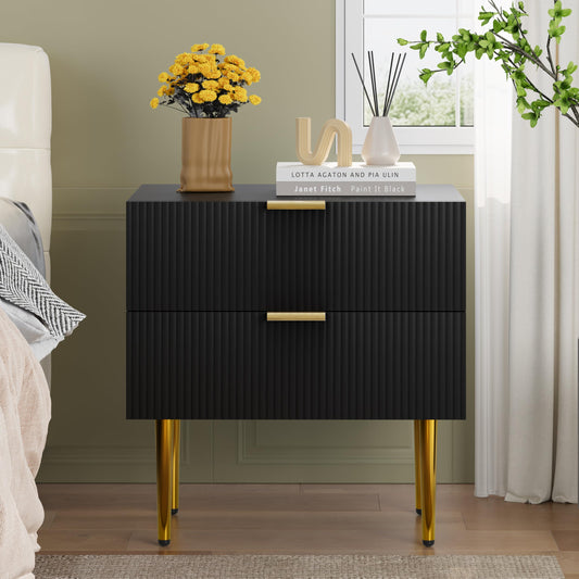 Algherohein Black Nightstand for Bedroom, Fluted Night Stand, End Table for Living Room, Mid Century Modern Bedside Table with Drawers, Bed Side Table with Gold Metal Legs, Bedroom Furniture Stripe