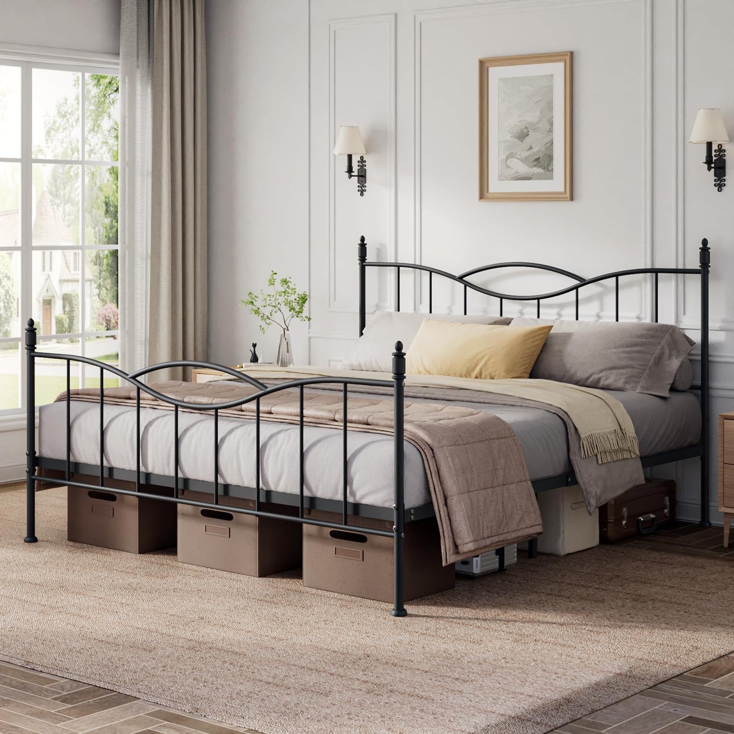 Florise King Size Bed Frame with Headboard,Metal Platform Bed Frame Mattress Foundation with Footboard, Under Bed Storage, Strong Metal Slats Support, No Box Spring Needed, Black