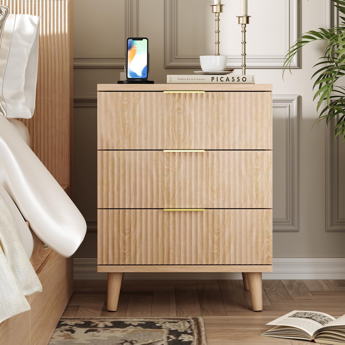 QIPAKA Fluted Night Stand Set of 2 with USB Charging Station, 3-Drawer Dresser Wood Modern Night Stand Bedside Table with Quiet Drawers & Large Storage End Table for Bedroom
