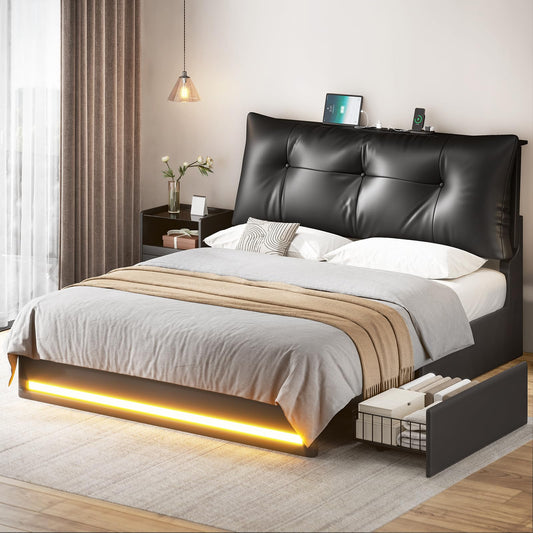 AOGLLATI Upholstered Queen Bed Frame with RemovableThick Backrest Headboard, Led Bed Frame Queen Size with 4 Storage Drawers and Charging Station, No Spring Box Needed, Black