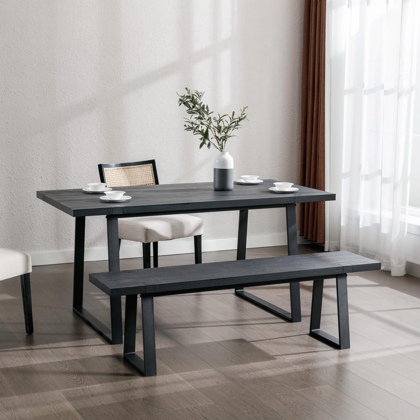 60" Black Dining Bench, Wooden Table Bench with Metal Legs, Modern Kitchen Bench for Enrtyway/Indoor/Dining Room