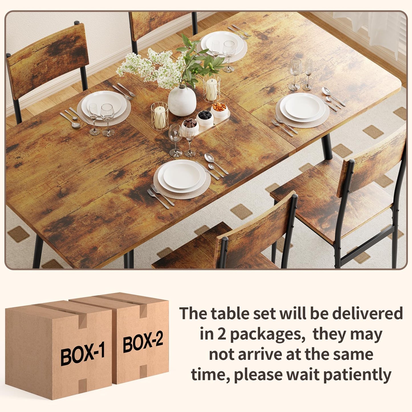 Qsun 63” Extendable Dining Table Set for 4-6 People, 7-Piece Dining Table Set for 6 People with 6 Chairs, MDF Wood Board Kitchen Table Set for Small Space and Apartment, Rustic Brown