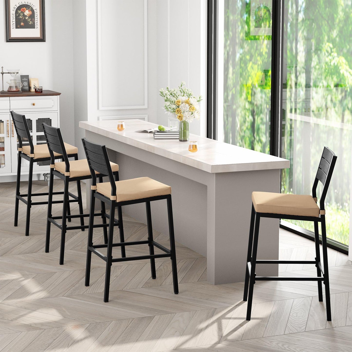 Crestlive Products Outdoor Bar Stools Set of 2, Patio Counter Height Barstools with Cushions, Tall Chairs with Back and Footrest for Deck, Lawn, Garden, Backyard, Poolside, Or Indoor Use (Beige)