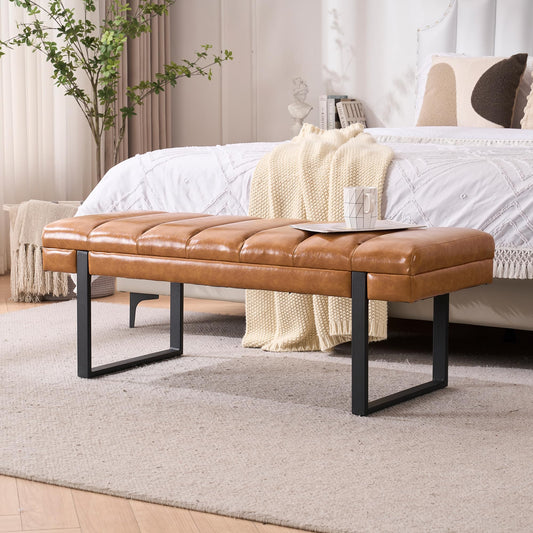 AIITTCC Faux Leather Ottoman Bench, Tufted Padded End of Bed Bench with Metal Legs, Upholstered Dining Table Bench Shoe Bench for Bedroom Living Room Entryway Window (Camel Brown, 46" Wide)
