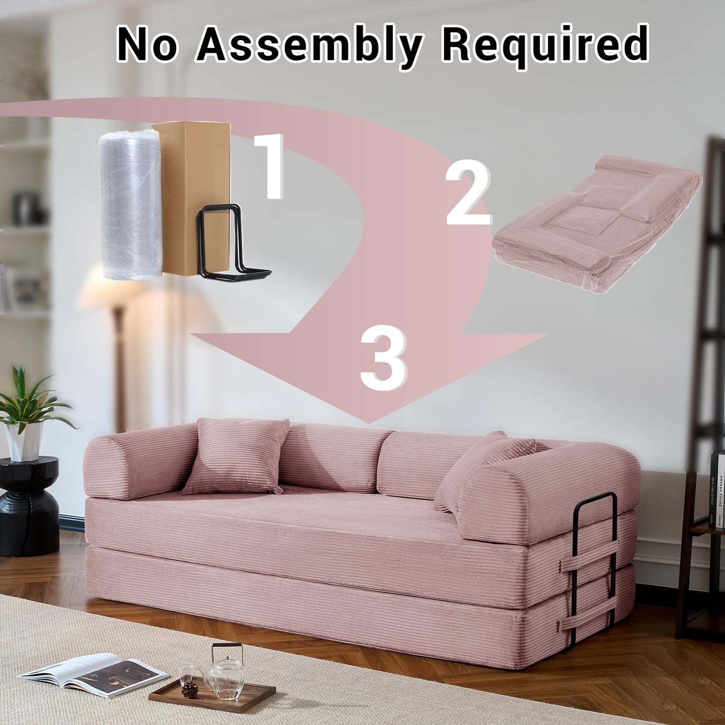 NNQ Compressed Sofa - Convertible Sofa Bed, Corduroy Compression Boneless Couch in a Box, Comfy Modular Foldable Floor Sleeper Sofa for Bedroom, Living Room (Corduroy Fabric, Pink)