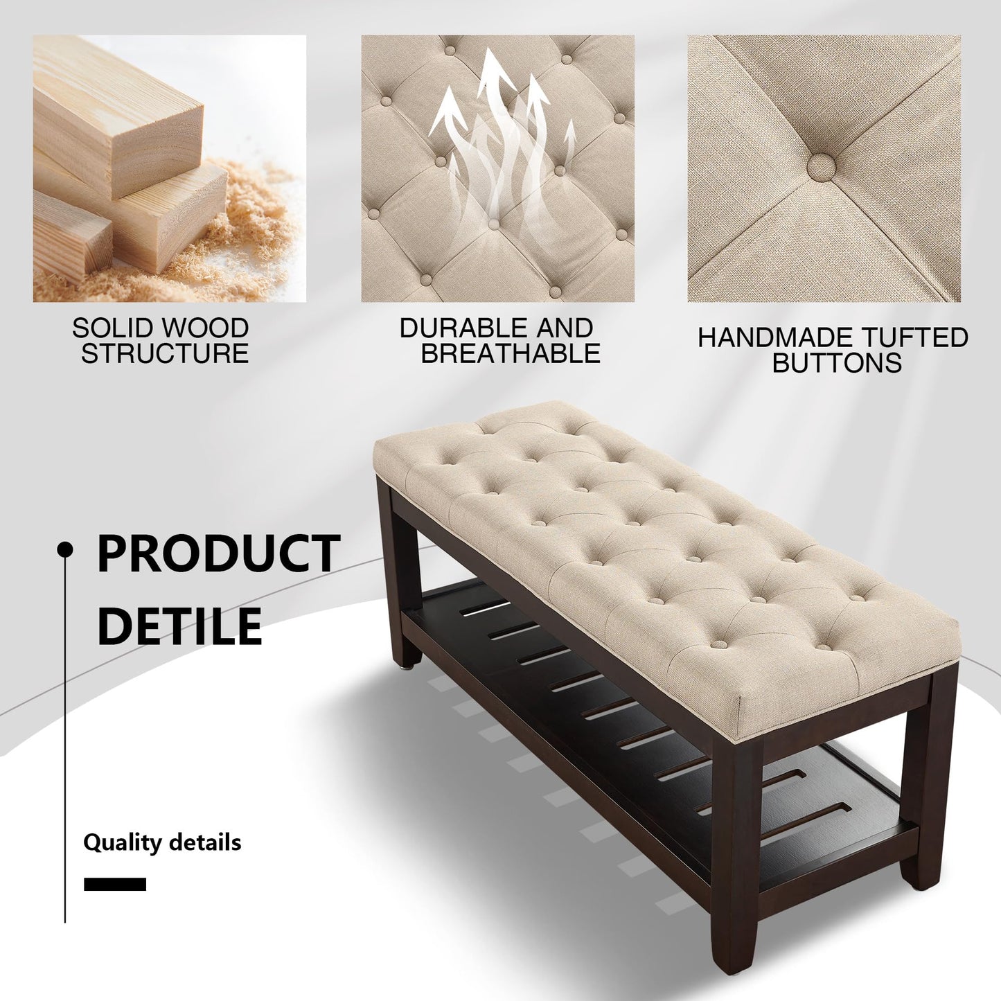 adochr Linen Large Rectangular Ottoman with Storage, Upholstered Entryway Bench for Living Room, Oversized Button Tufted Ottoman with Wood Shelf Storage, Light Brown