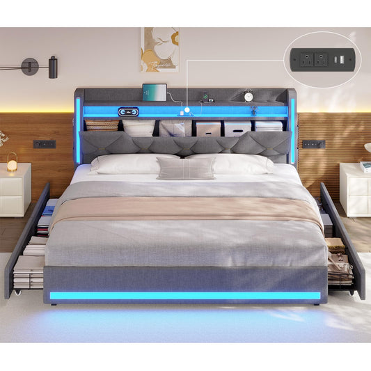 busyaeh Queen Size Bed Frame with 4 Drawers,Light up Bed Frame with Headboard and Storage, Metal Queen Platform Storage Queen Bed with Charging Station, No Box Springs Needed, Easy Assembly,Dark Gray