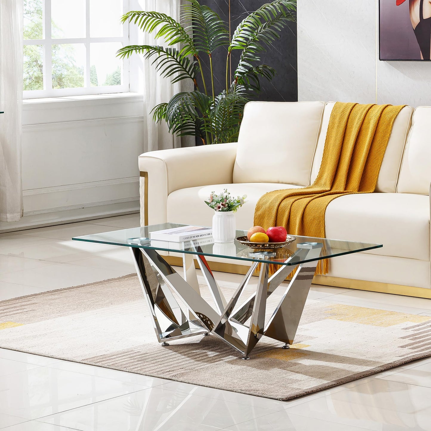 Glass Living Room Table Set of 3, Modern Glass Cofee Tables Set with Stainless Steel Base for Living Room Bedroom, Rectangle Glass Coffee Table and end Table Sets
