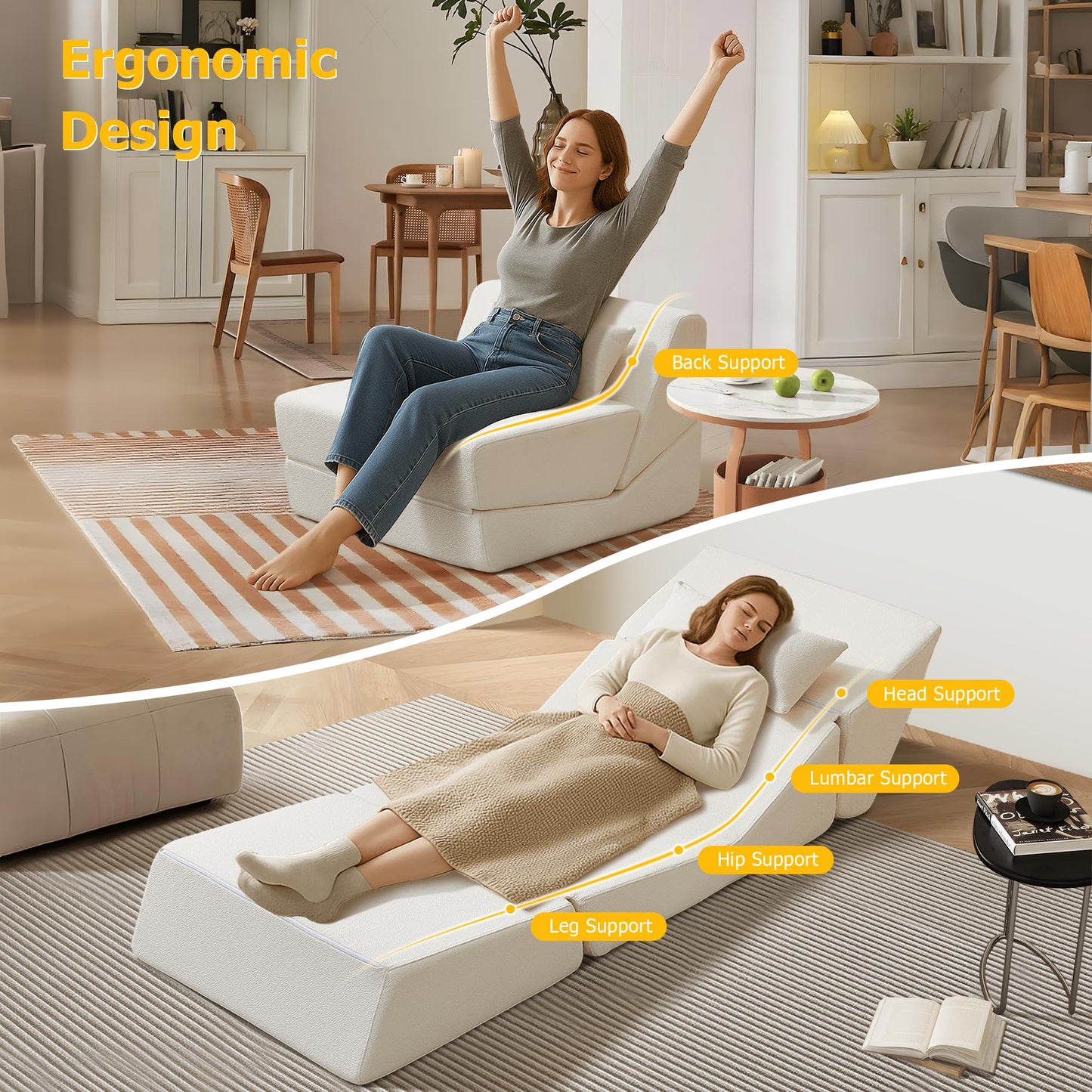 BAMOOLI Sleeper Sofa Bed, Convertible Fold Out Couch, Comfy Alpaca Wool Fabric Portable Foldable Floor Mattress Sleeper Chair with Pillow, Foldable Floor Sofa Lounge for Living Room, Bedroom, Beige