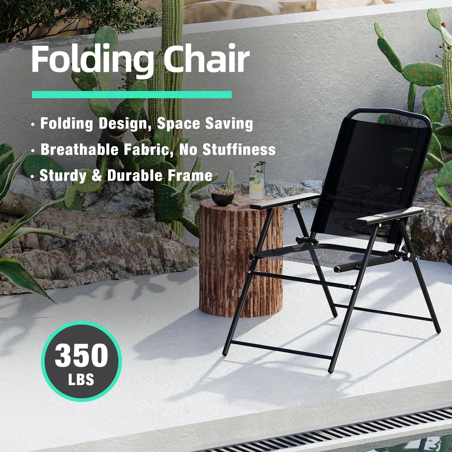 TAVATA 6 Piece Patio Dining Set with Umbrella, Outdoor Furniture Set with 4 Folding Chairs & Portable Metal Garden Table for Lawn, Backyard, Deck, Camping（Black）
