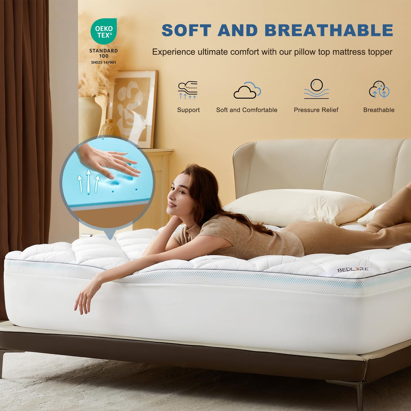 Bedlore 4-Inch Queen Mattress Topper for Back Pain - Dual Layer Medium Support (2" Gel Memory Foam + 2" Cooling Fluffy Pillow Top Pad), Breathable & Pressure Relief (White)