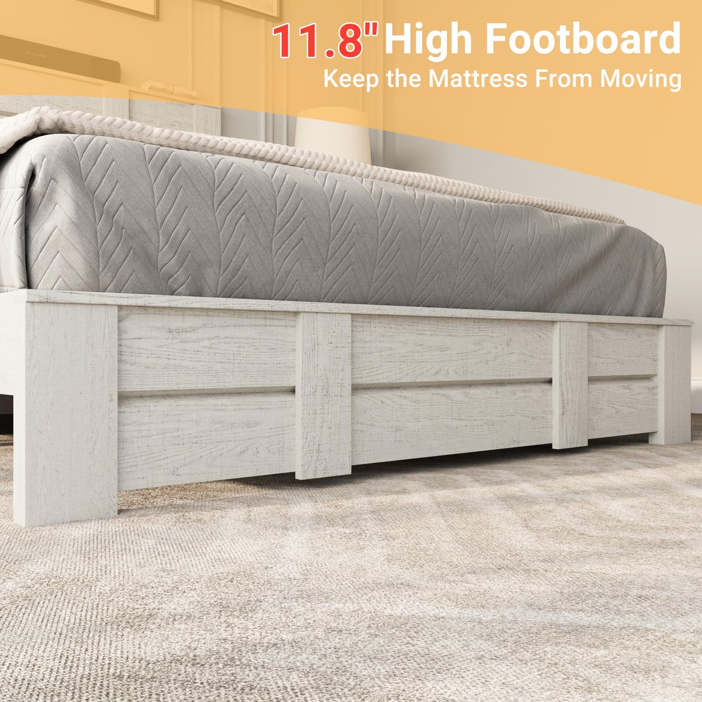 Mekminop Queen Size Wood Bed Frame with Tall Headboard & Footboard, Farmhouse Platform Bed with Solid Wood Slats Support, No Squeak, No Box Spring Needed (Beige Wood Grain)