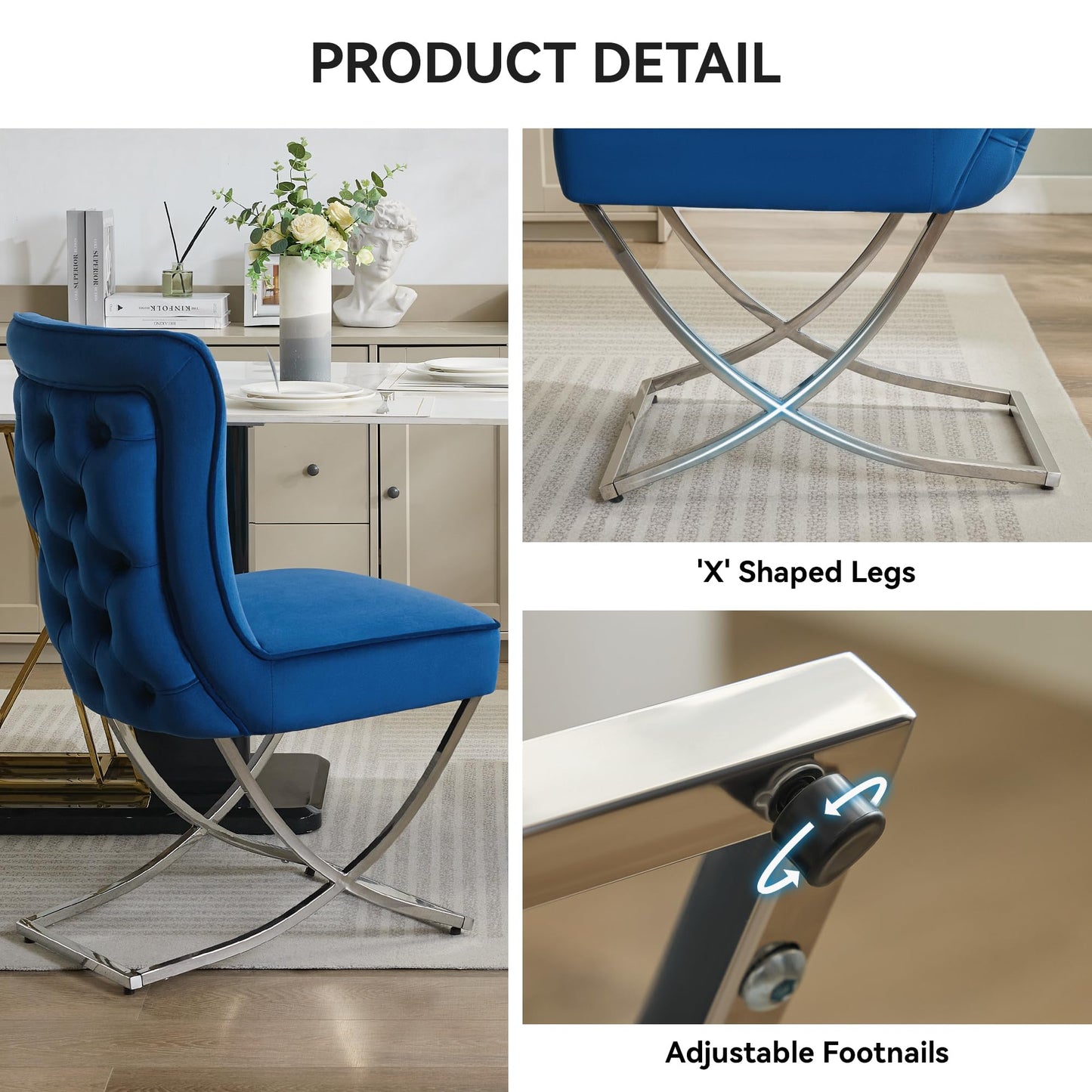 Luxury Velvet Dining Chairs, Tufted Upholstered Armless Accent Chairs with Silver Metal X-Legs, Modern Glam Dining Room Chair Set of 2, Navy