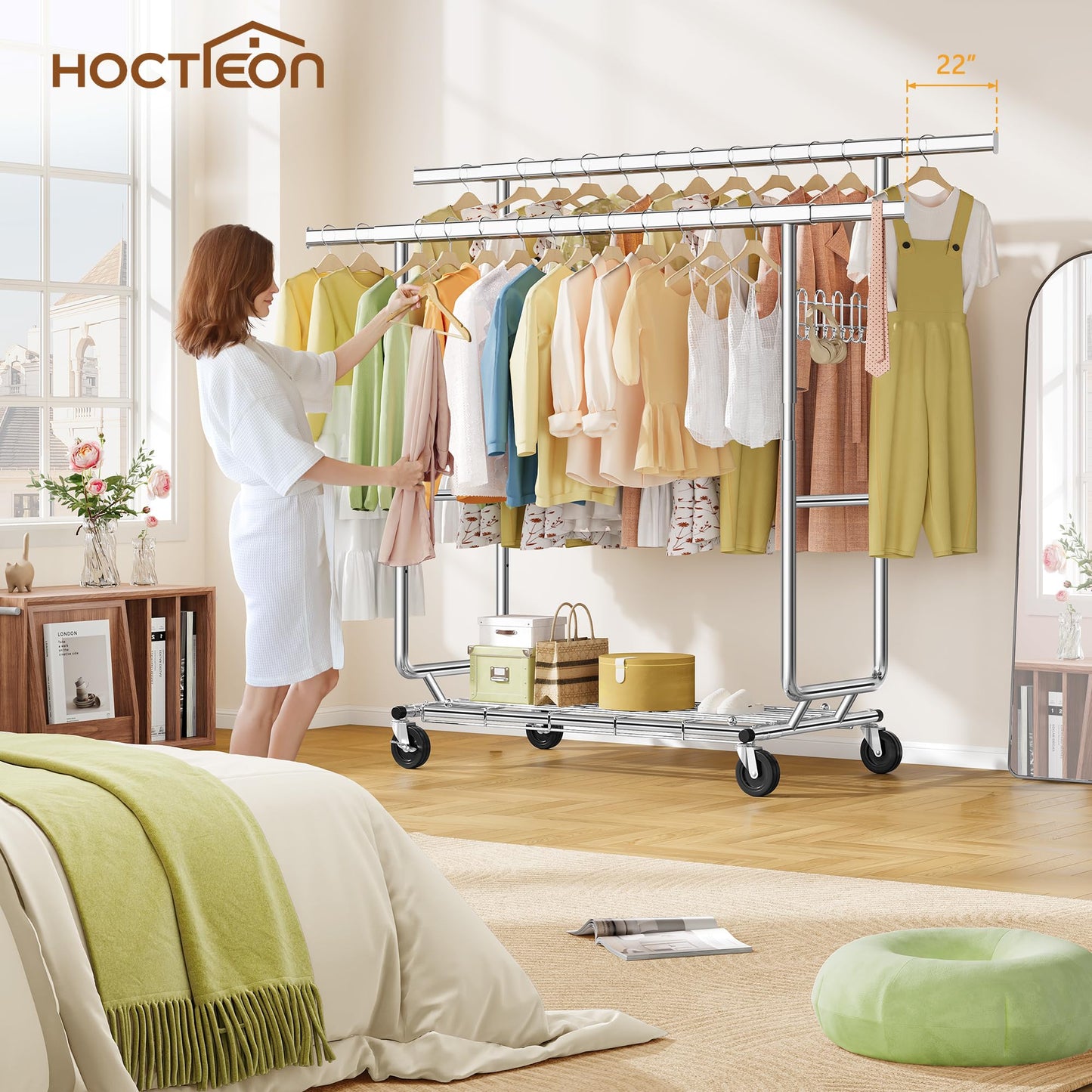 Hoctieon 2-Minute Assembly Double Rod Clothes Rack, Heavy Duty Rolling Clothing Racks with Wheels, Foldable Commercial Garment Rack, Extendable Hanging Bar, Adjustable Metal Pole with Hooks, Chrome