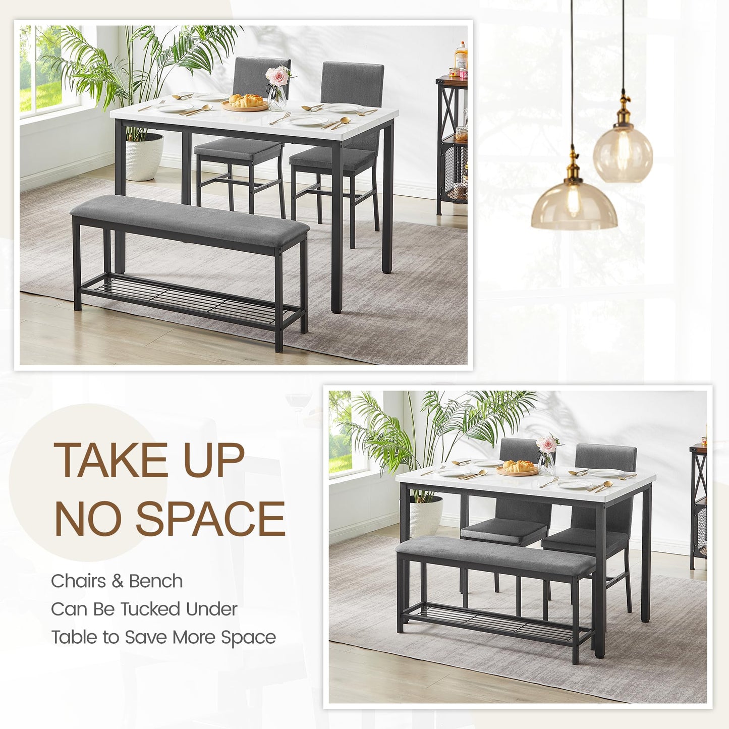 COCLUB Dining Table Set for 4, 47.2" Faux Marble Kitchen Table Set with Upholstered Velvet Chairs and Bench, 4-Person Rectangular Space Saving Dinette Set for Apartment, Restaurant, Home (Gray)