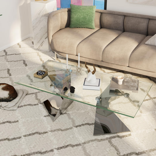 Anewsun Silver Coffee Table, Clear Tempered Glass Coffee Table with Waved Legs in Mirrored Silver Stainless Steel Finish, 48'' Glam Tea Table for Living Room, Apartment, Office