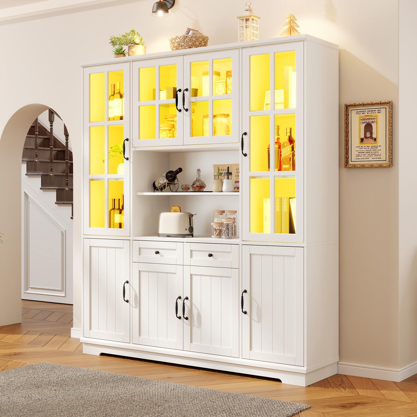 AMERLIFE 79" Tall Storage Cabinet with Glass Doors & LED Lights, Modern Large Display Cabinet with Drawer & Adjustable Shelves, Accent Furniture for Study/Living Room, Dining Room, Home Office, White