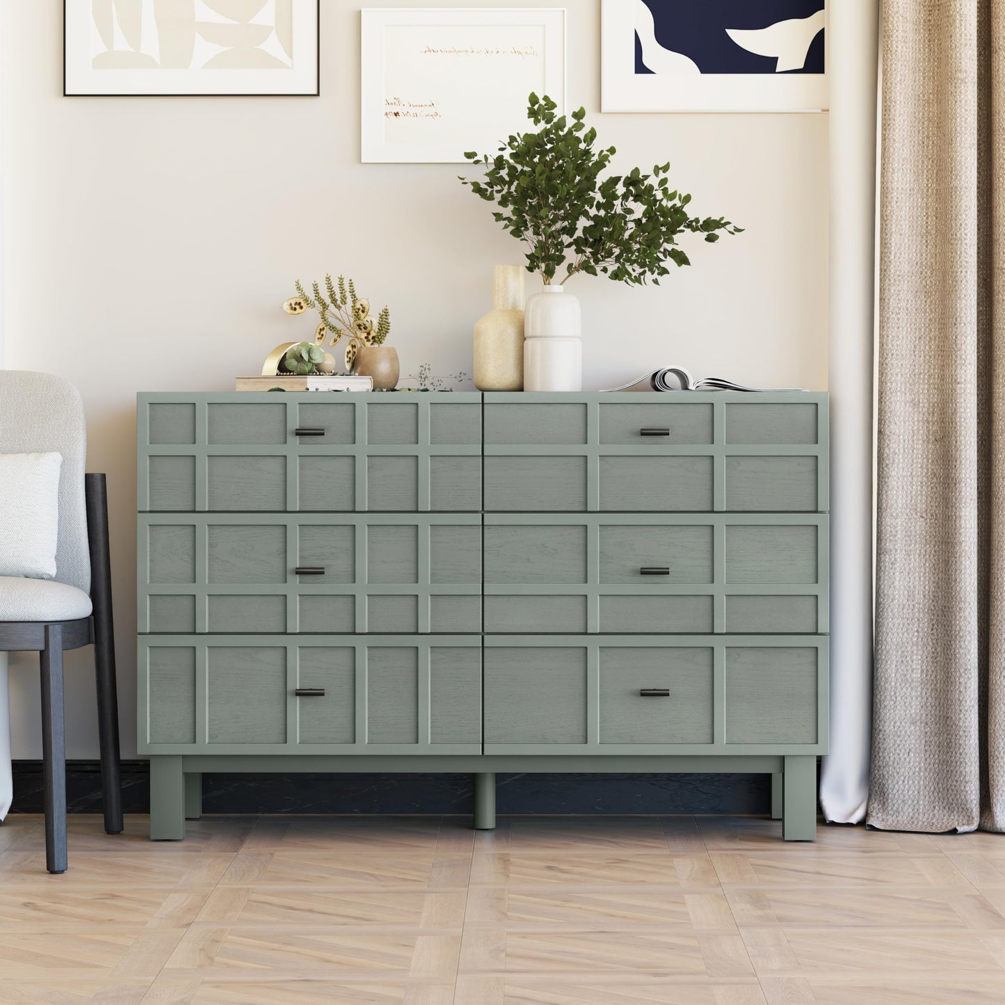 Aoikax Modern 6 Drawer Double Dresser with Grid Carved Pine Front, Minimalist Chest of Drawers with Large Storage Space Metal Base for Bedroom, Ash Veneered Top, Metal Legs, Light Green