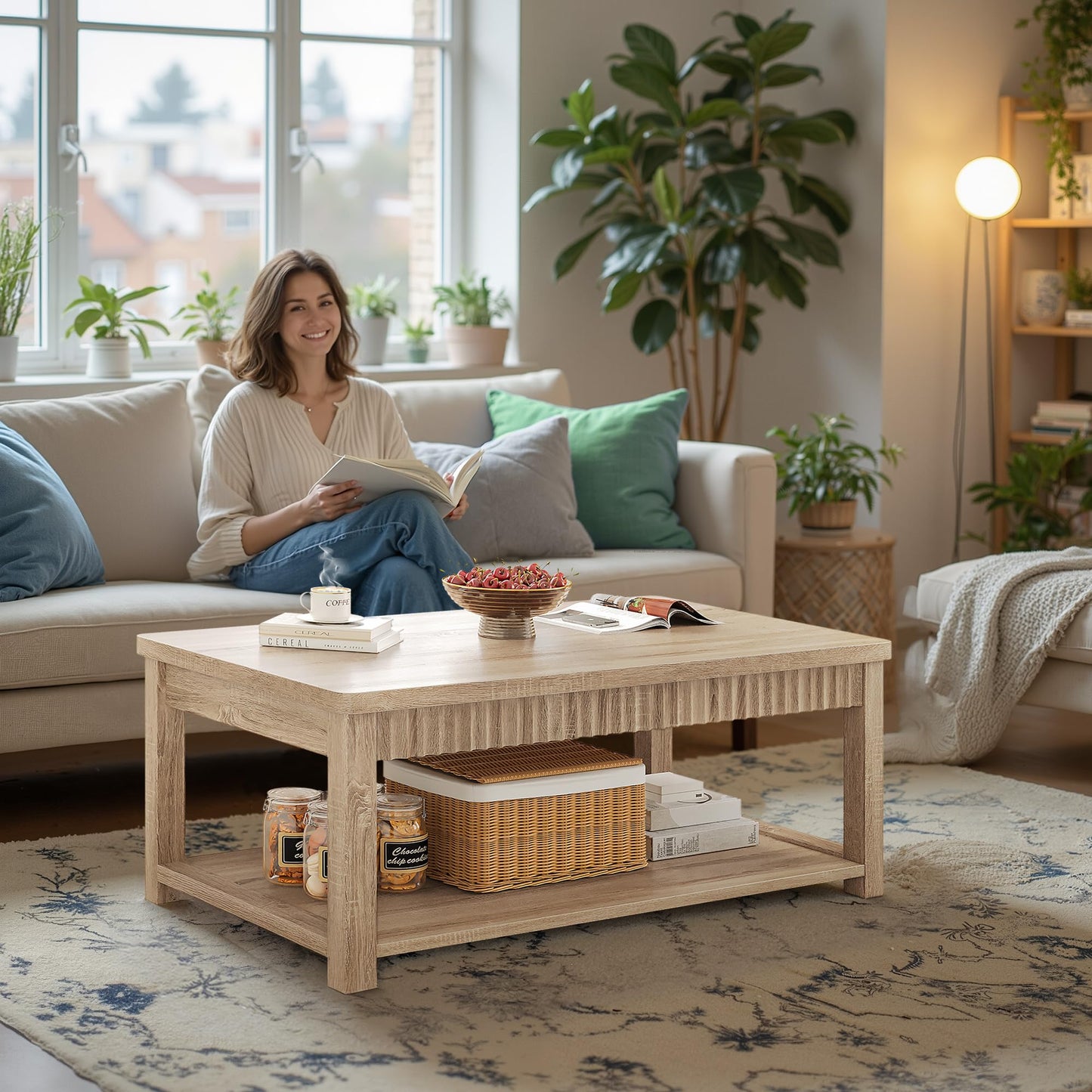 Homkdom Coffee Table, 39 Inch Modern Coffee Tables for Living Room with 2-Tier Storage & Wave-Edge, Oak Center Table for Bedroom/Office