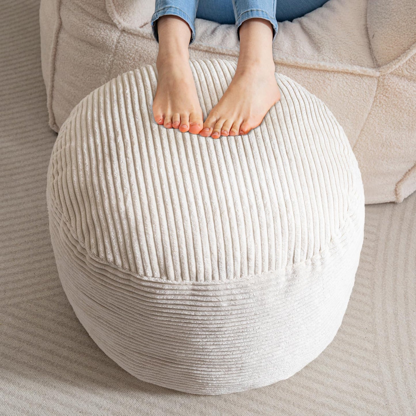 HIGOGOGO Round Stuffed Pouf Ottoman, Corduroy Poufs with Foam Chunk Filling, Corduroy Pouf Foot Stool Storage Ottoman, 26 X 18 Floor Poufs Foot Rest for Living Room, Beige