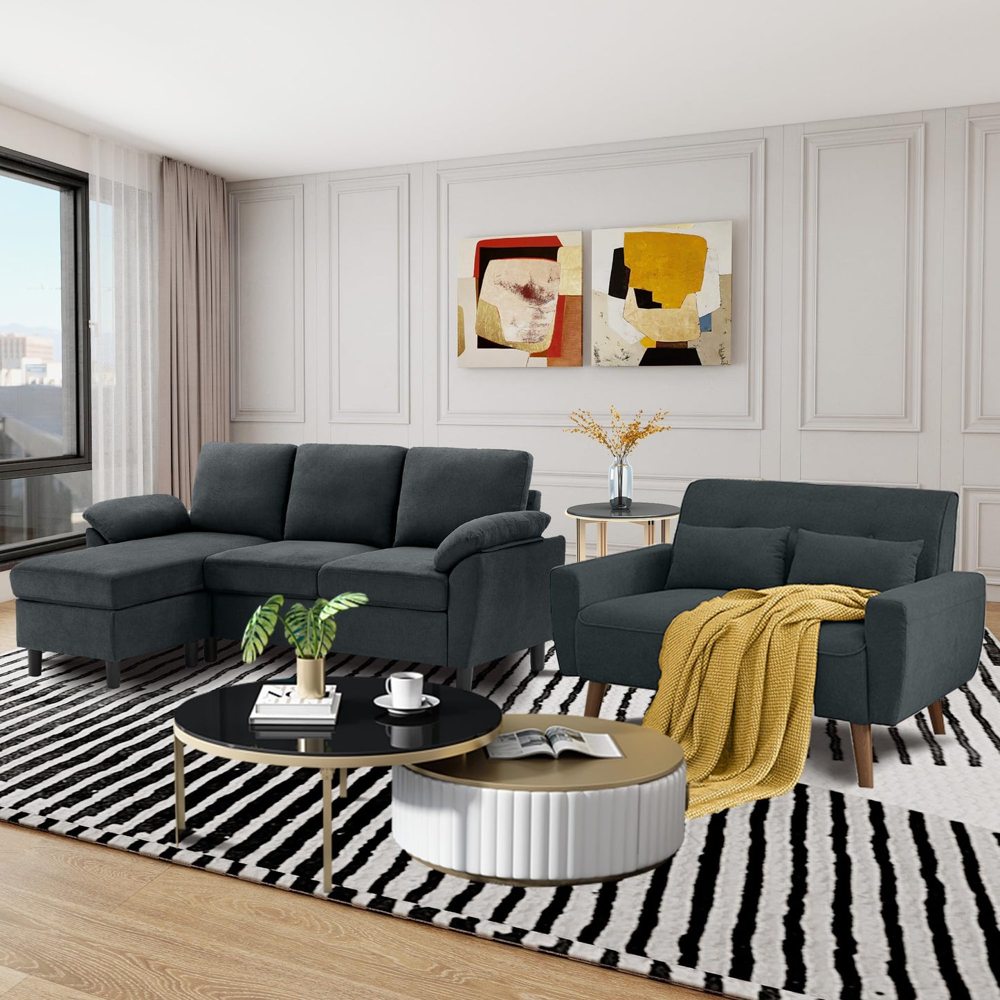 Jarenie 79" Convertible Sectional Sofa Sets, Modern L Shaped 3-Seat Couches with Reversible Chaise and Loveseat Sets for Living Room, Apartment, Dark Grey