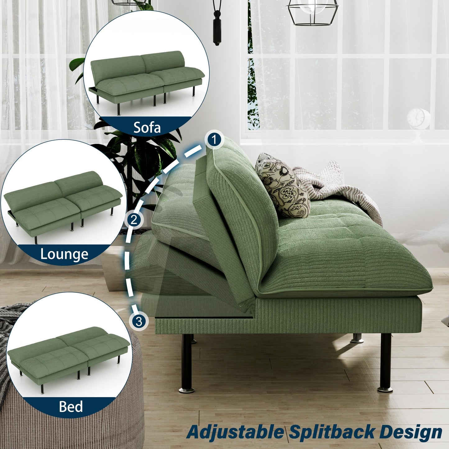 Ribilake 70" Futon Sofa Bed, 4 in 1 Multi-Function Couch Sleeper with Adjustable Backrest, Modern Convertible Futon, Recliner Small Loveseat for Living Room, Dorm, Green