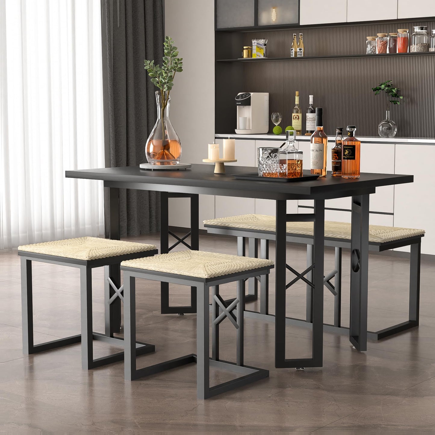 VECELO 43.3" Dining Table Sets, Farmhouse Small Kitchen Table for 4 with 2 Benches Wicker Mats,Metal Frame Space-Saving Adjustable Feets Coffee Table for Home Kitchen Dining, Pitch Black