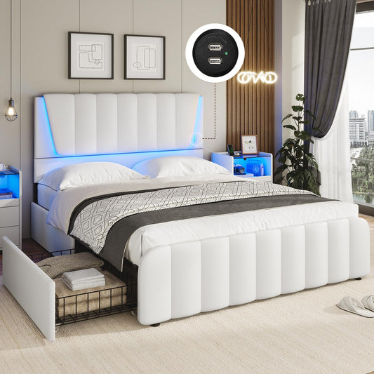 AOGLLATI Queen Bed Frame with Headboard and 4 Storage Drawers, White Platform Bed Frame Queen Size with Led Light & 2 USB Ports, Queen Size Bed Frame with Wooden Slats Support, No Box Spring Needed