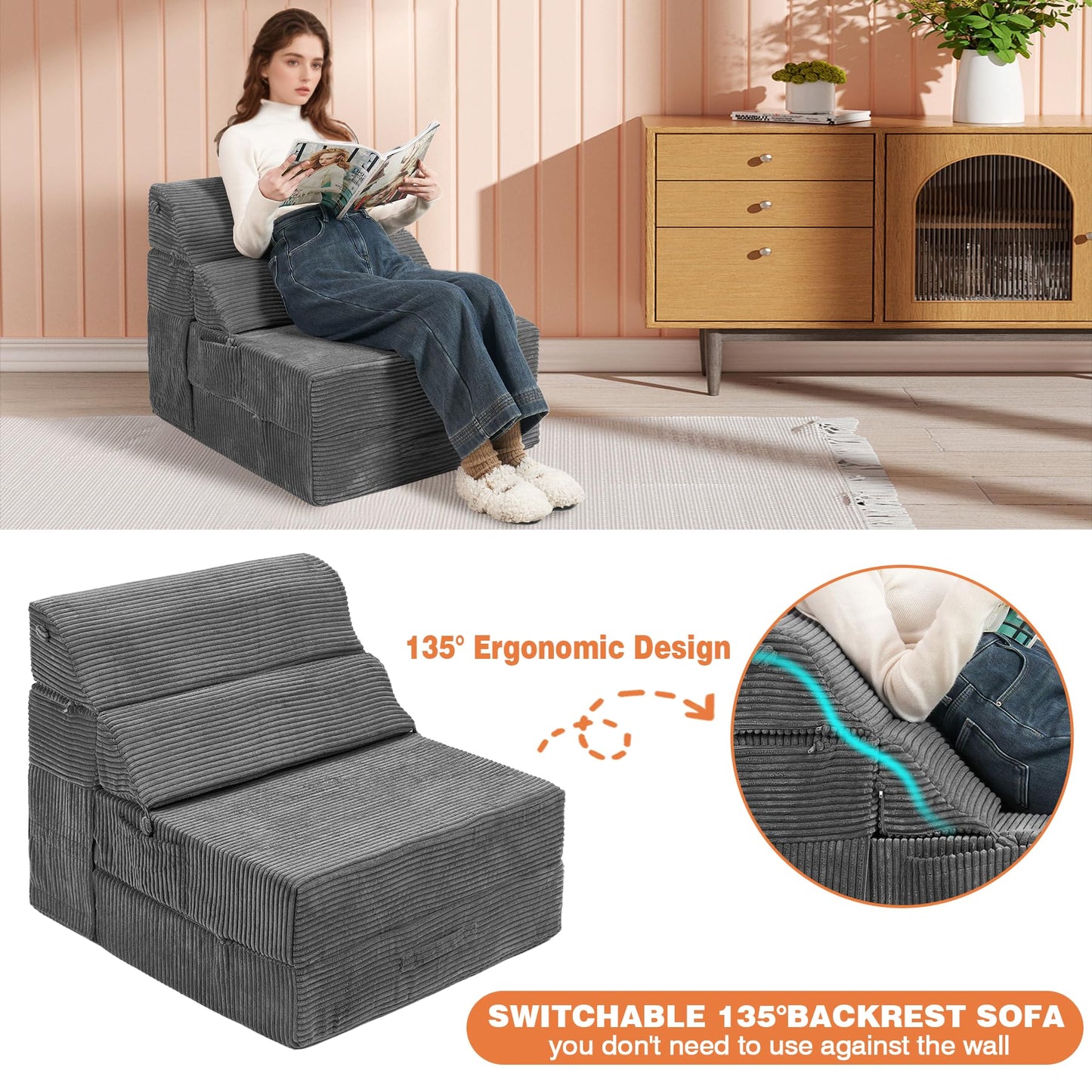 LitaiL Comfy Folding Sofa Bed - Dark Grey Convertible Sleeper Sofa Fold Out Sleeper Chair Couch for Living Room Bedroom Guest, Foldable Floor Chair Corduroy Lounger Mattress with Back Support