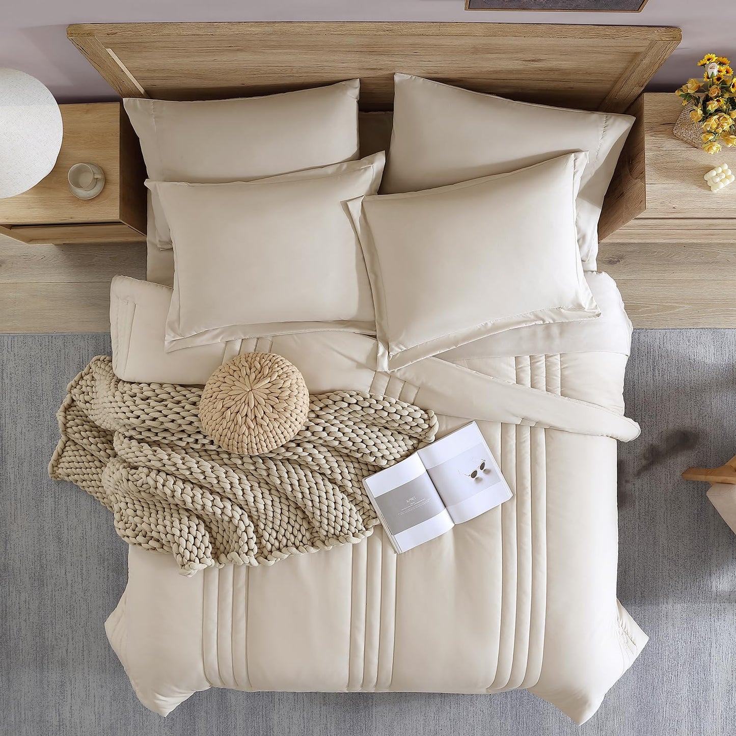 Monbix Queen Comforter Set - 7 Pieces Apricot Beige Bed in a Bag Queen Bedding Sets with Comforters, All Seasons Down Alternative Comforter Bed Set with Sheets,Pillowcases & Shams