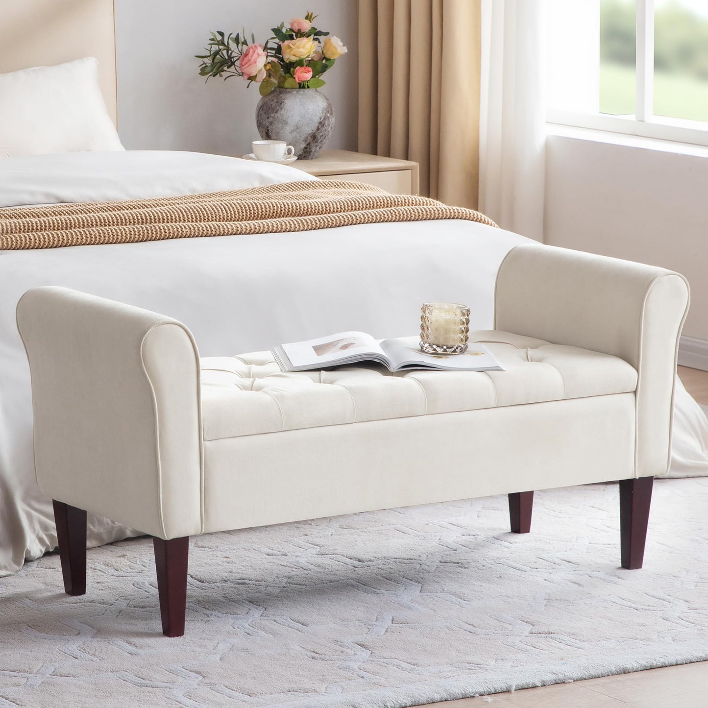 HUIMO 50.4" Arm Storage Bench with 7.5-inch Solid Wood Legs, Button-Tufted Storage Ottoman, Upholstered Window Sitting Bench for Bedroom,End of Bed Bench Indoor, Living Room, Entryway (Beige)