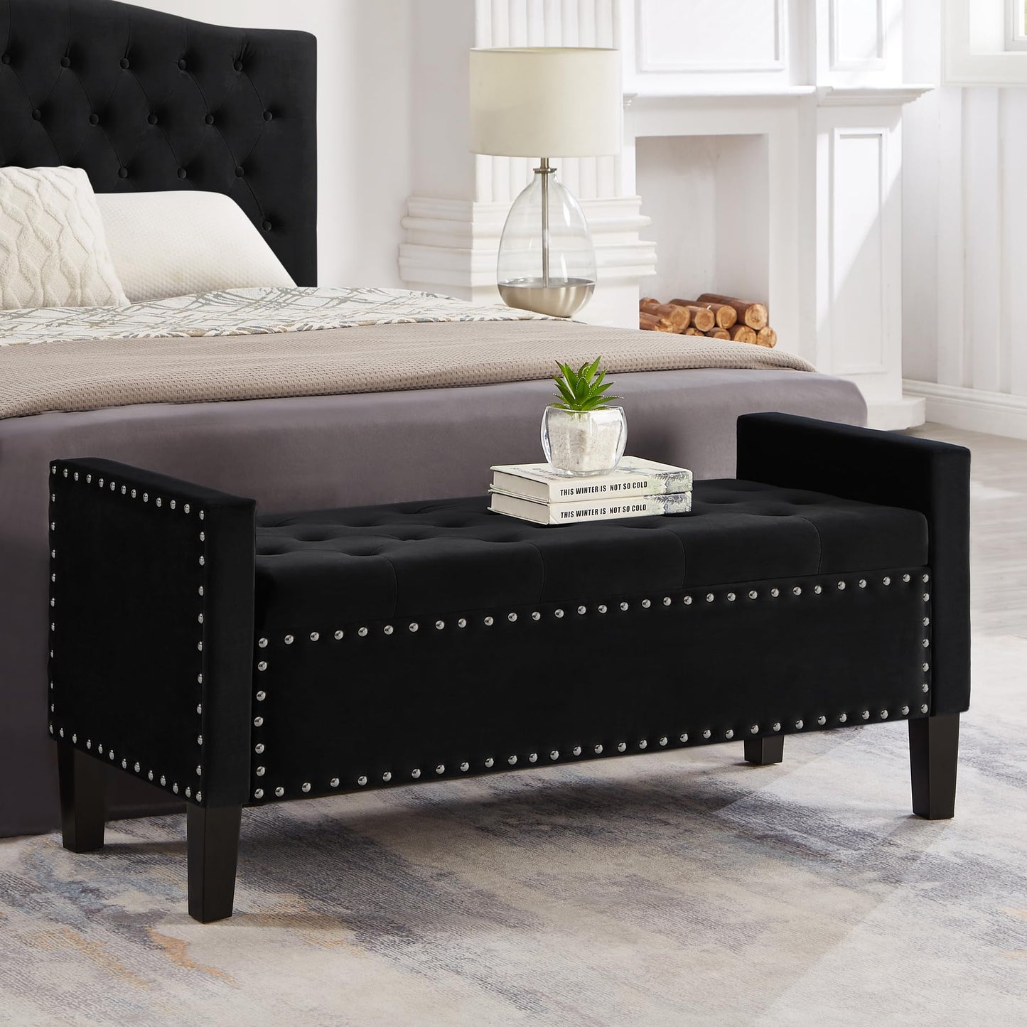 Favfurish Velvet Storage Ottoman with Armrests and Nails Trim,Entryway Living Room Soft Padded Seat,Bed Bench Bedroom End of Bed,Black (48”L X 18.5” W X 22” H)