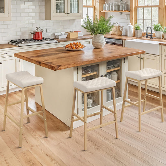 Compsia Counter Height Bar Stools Set of 3, Barstools with Thick PU Leather Saddle Seat & Sand Metal Legs,24Inch Kitchen Counter Stools,Lvory White