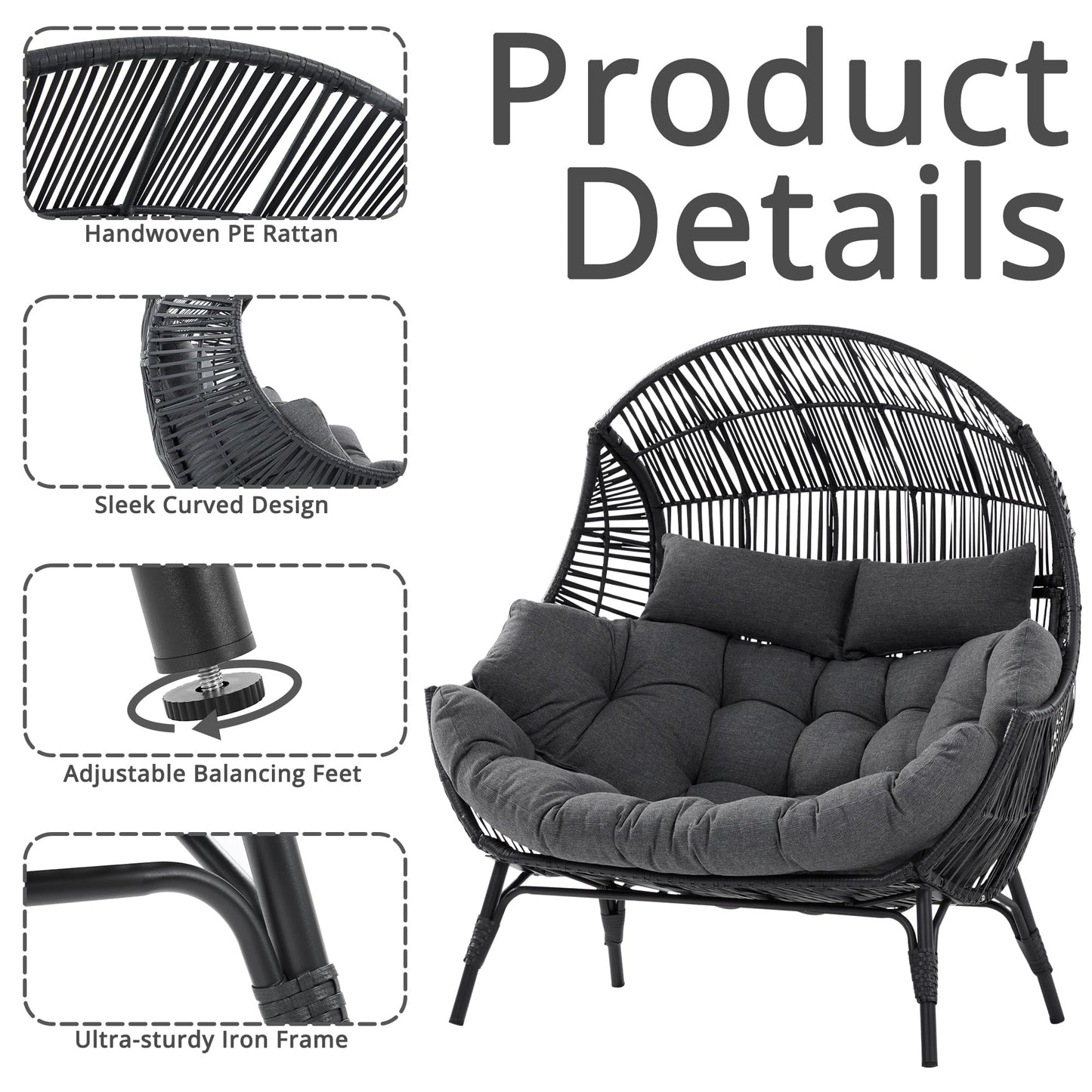 IRONCK Double Egg Chair Outdoor, 2 Person Wicker Lounge Chair, Oversized Thickened Padded Cushions and Headrests, 680 Lbs Egg Loveseat for Indoor, Patio, Living Room, Porch, Balcony, Dark Grey