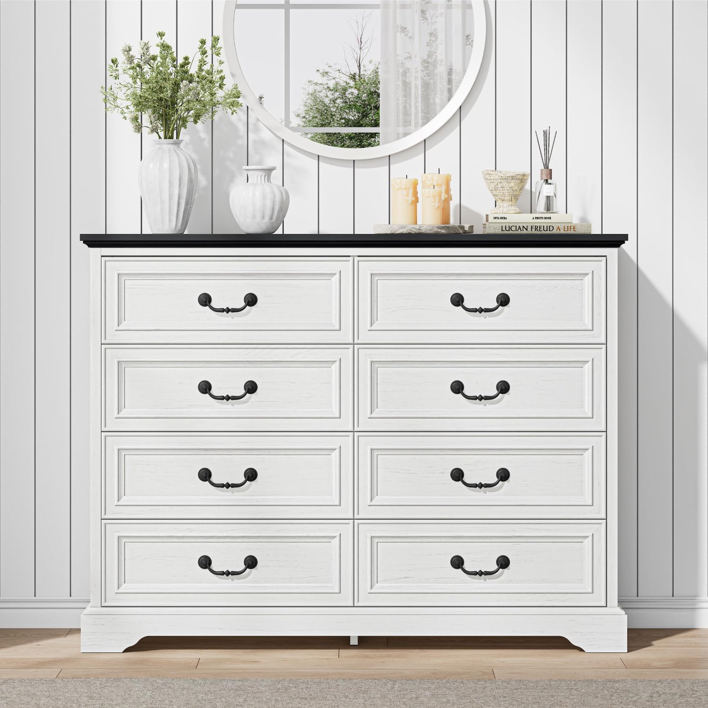 LIKIMIO Farmhouse 8 Drawer Dresser for Bedroom, 52" Wide Dresser Drawers with Storage, Rustic Wooden Chest of Drawers for Bedroom, Hallway, Antique White