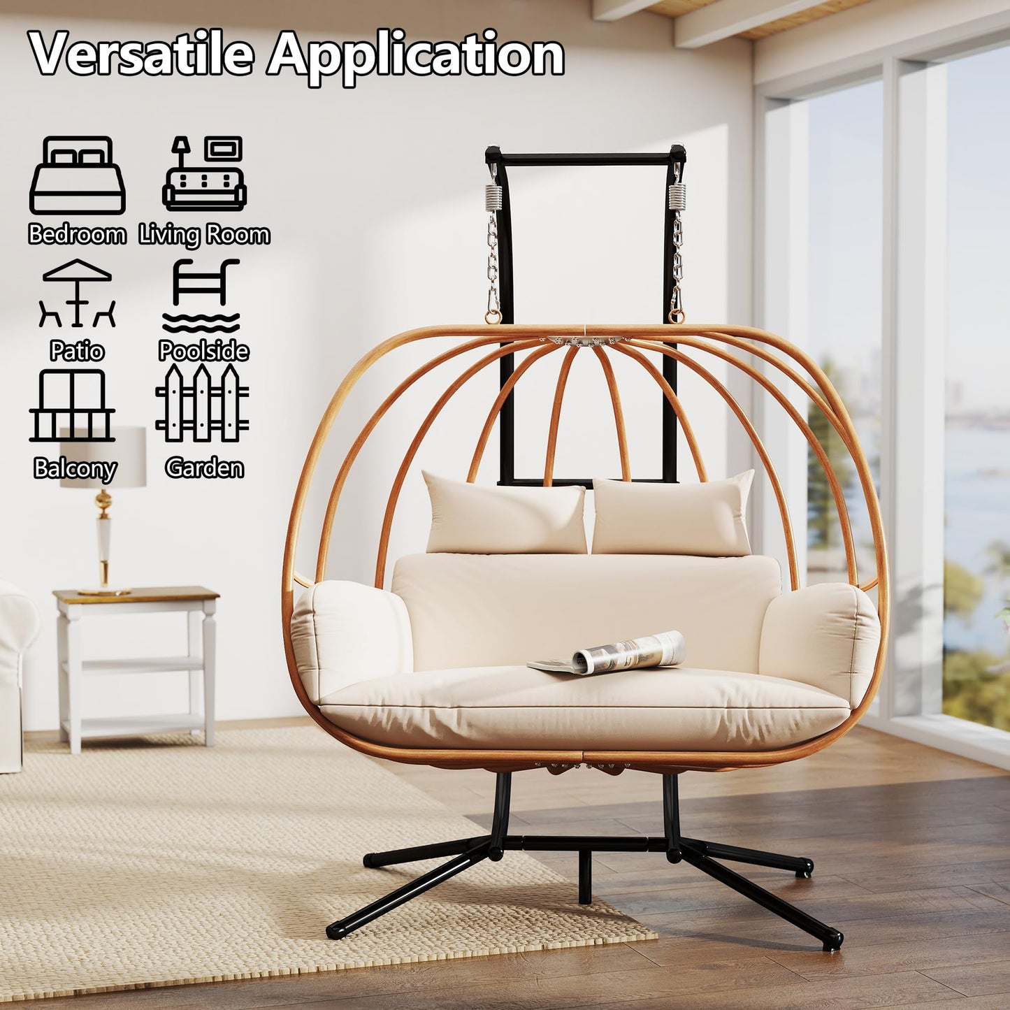 DAYARUS Hanging Chairs with Stand, All Weather Egg Chair Outdoor, Double Outdoor Egg Swing Chairs, 2 Person Patio Swing Chairs, Modern Egg Swing with Cushions, Metal Balcony Basket Loveseat, Beige
