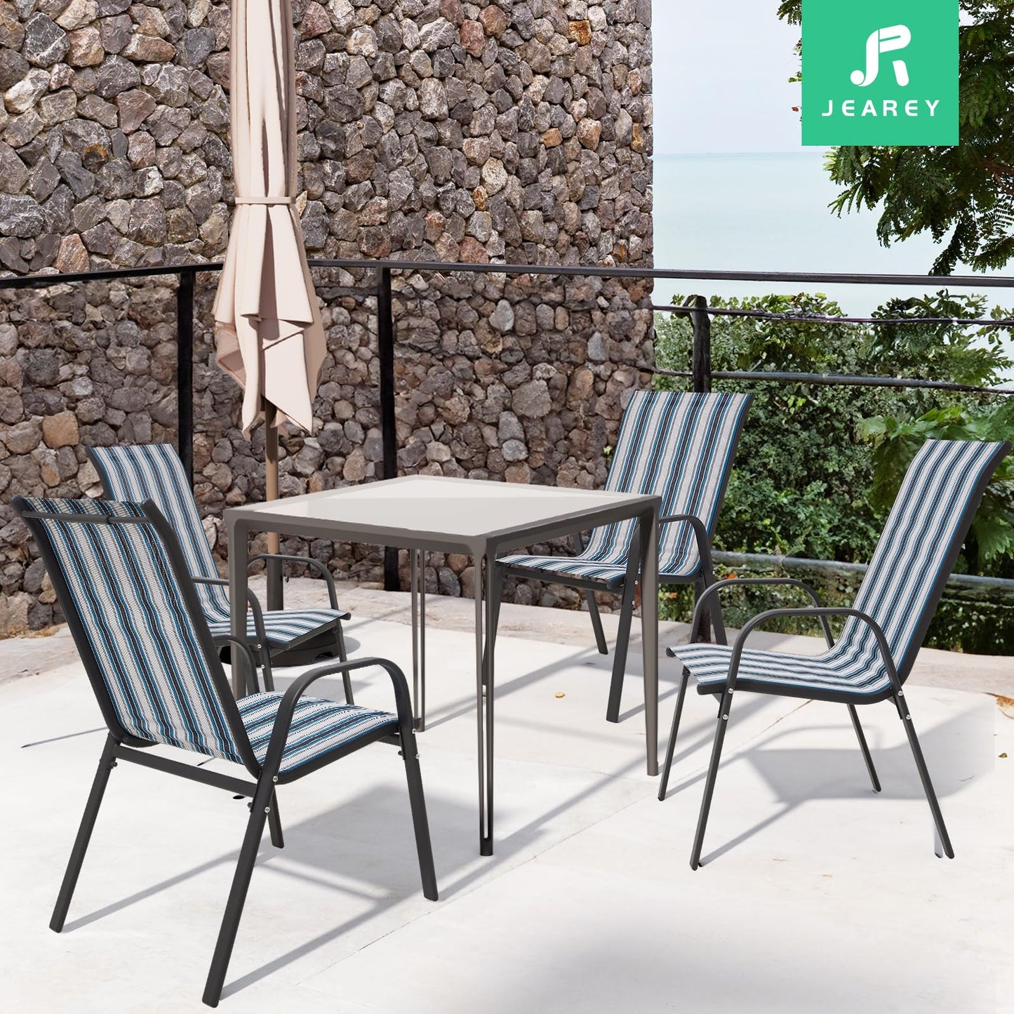 JEAREY Patio Dining Chairs Set of 4, Outdoor Stackable Dining Furniture Set, All Weather Dining Set for Lawn, Garden, Backyard, Poolside, Blue Striped