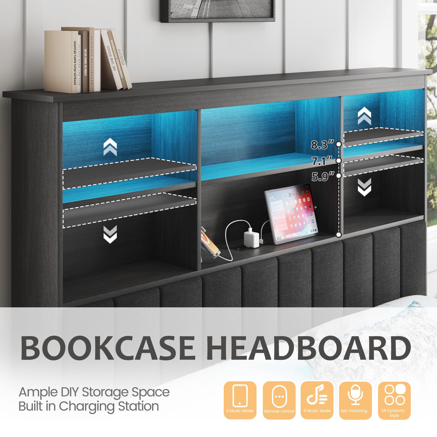 HISOFT Queen Bed Frame with Storage Headboard, Wood Bed with High Storage Bookcase, 4 Drawers & LED & Charging Station,No Box Spring Needed/Noise Free/All-Metal Support, Rustic Grey
